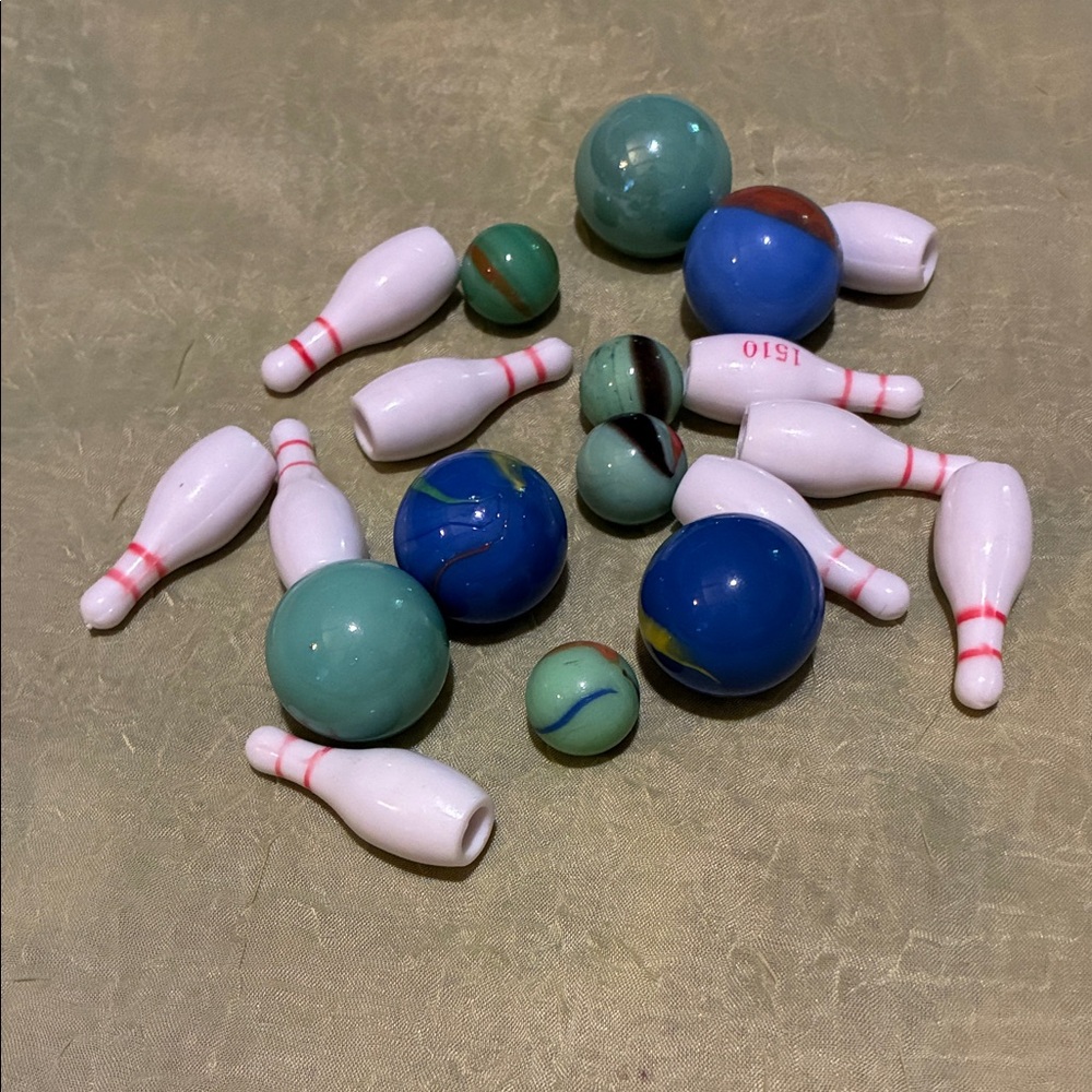 Colorful Vintage Marble and Bowling Pin Set
